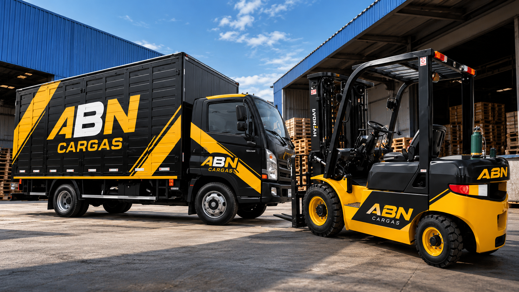 Depósito de ABN Cargas con camión y autoelevador Lonking